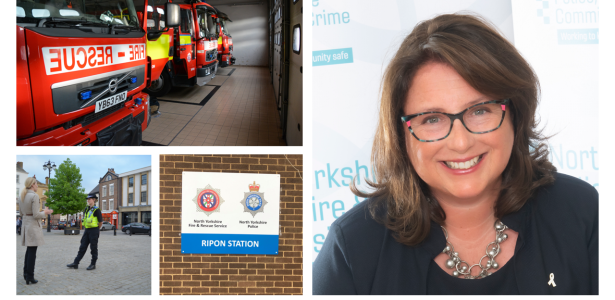 Montage of: Fire engines, Police talking to a member of the public, Sign of Ripon fire and police station and Commissioner Zoe