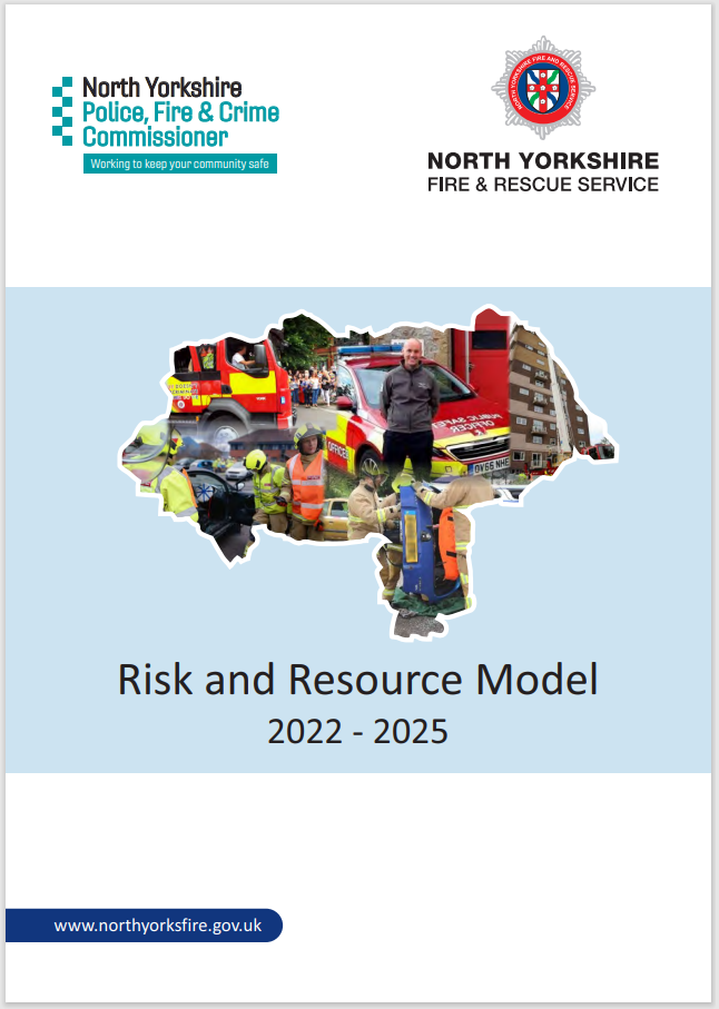 Front cover of the Risk and Resource Model 2022 - 25. A map of North Yorkshire with images of the services provided by the fire service