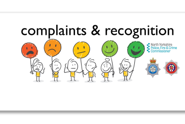 Complaints and recognition. Cartoon characters holding up baloons with faces ranging from unhappy to very happy
