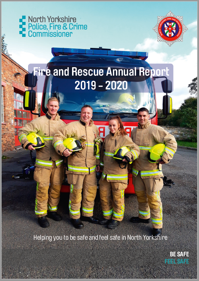 Fire and Rescue Annual Report front cover. Fire officers in front of fire engine