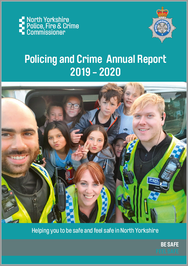 Policing and crime annual report - front cover. Tang Hall youth club members with local PCSOs