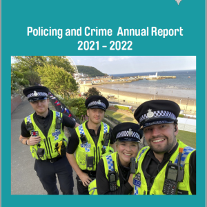 Annual report front cover - police officers smiling in the sun on the Scarborough sea frount