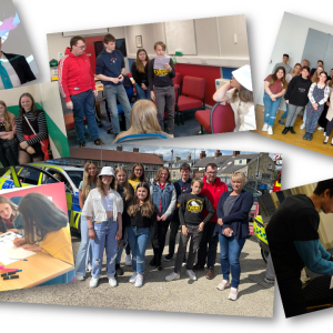 Montage of youth commission members - in custody, on a visit, working together, by a fire enging, with Commissioner Zoe