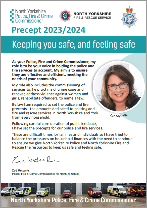 Precept leaflet - front cover - Introductory text and image of Commissioner Zoe. Text reproduced on this page