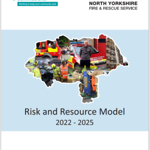 Front cover of the Risk and Resource Model 2022 - 25. A map of North Yorkshire with images of the services provided by the fire service