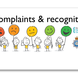 Complaints and recognition. Cartoon characters holding up baloons with faces ranging from unhappy to very happy