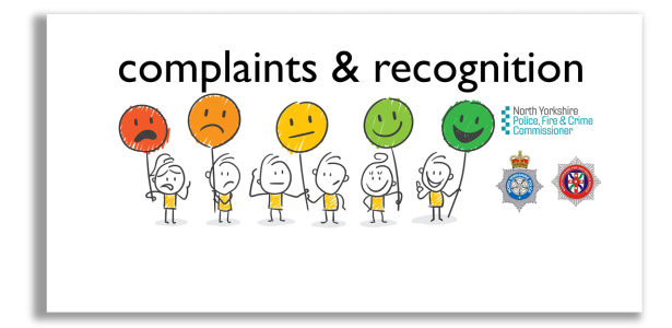 Complaints and recognition. Cartoon characters holding up baloons with faces ranging from unhappy to very happy