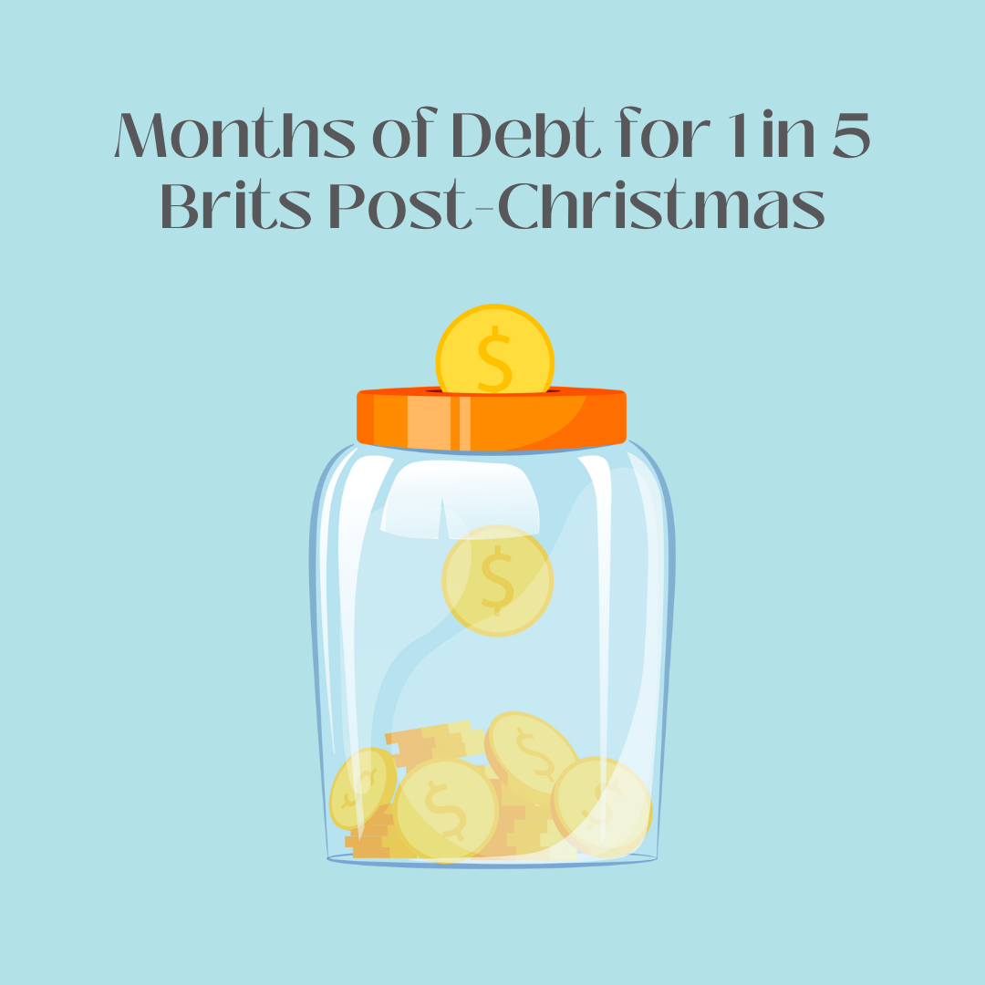 Words reading 'Months of Debt for 1 in 5 Brits Post-Christmas' above a money jar with coins dropping in.