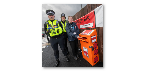 North Yorkshire Council’s community safety officer, Evie Griffiths, with North Yorkshire Police officers, PCs Brendon Frith and Kelvin Troughton, at the knife drop bin in Harrogate