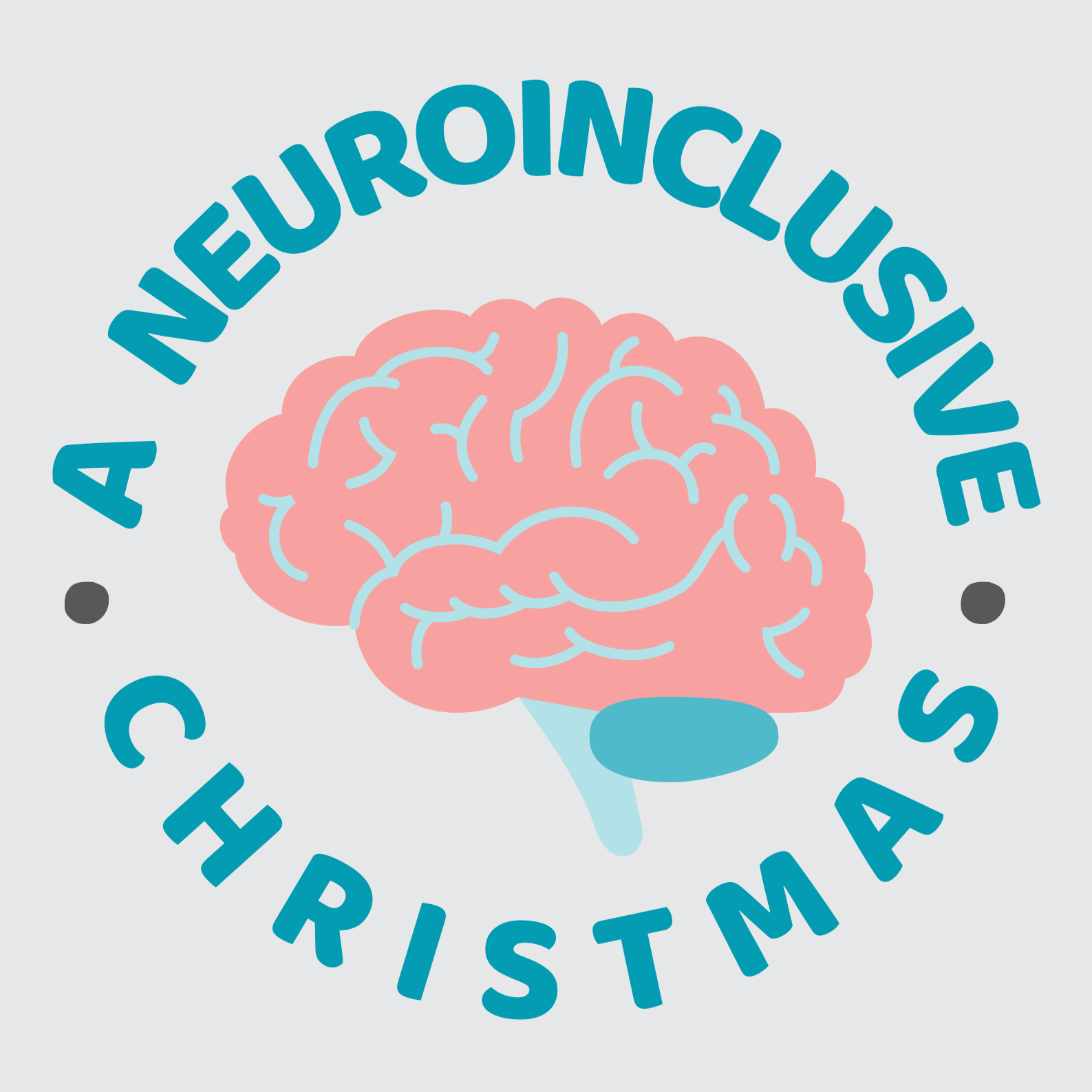 A cartoon image of a brain surrounded by blue words that read ' A Neuroinclusive Christmas'