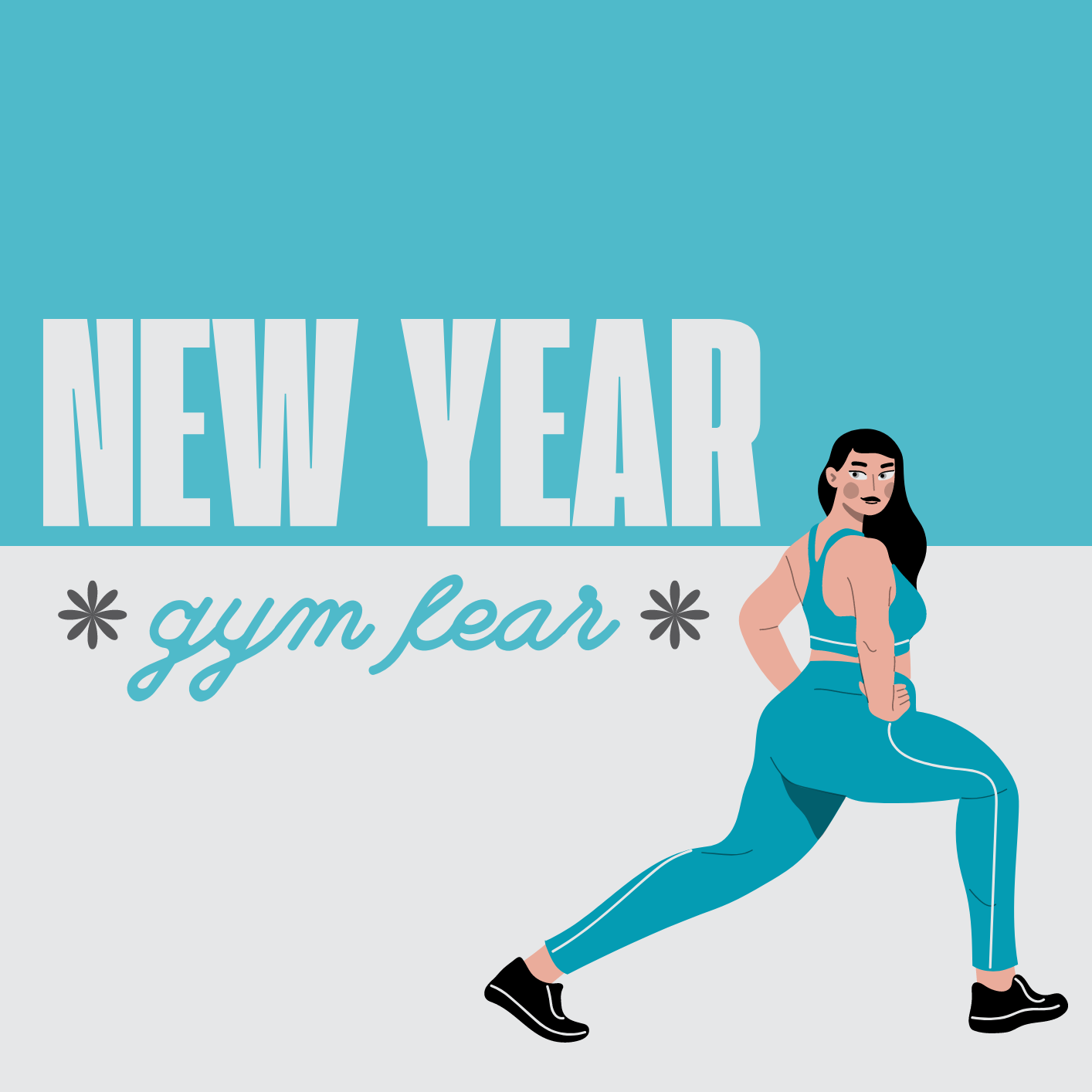 A girl stretching in blue gym gear, next to the words 'New Year gym fear'
