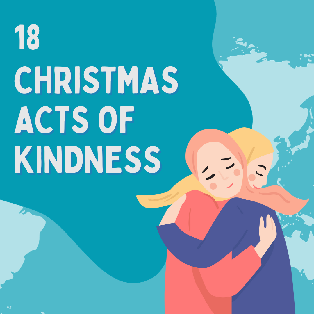 Two people hugging, with the words '18 Christmas Acts of Kindness'