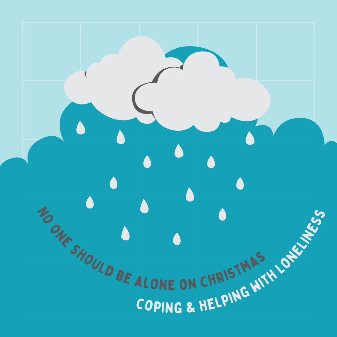 Grey rain clouds with the words below 'No one should be alone on Christmas. Coping and helping with loneliness' 
