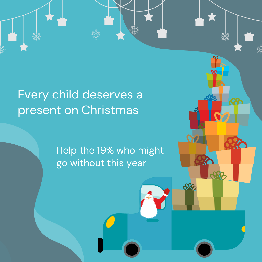 A van being driven by santa clause carrying a pile of gifts in the back, with the words 'every child deserves a present on Christmas. Help the 19% who might go without this year' above.