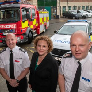 Jo Coles Deputy Mayor for policing, fire and crime with Chief Fire Officer Jonathan Dyson and Tim Forber, Chief Constable.