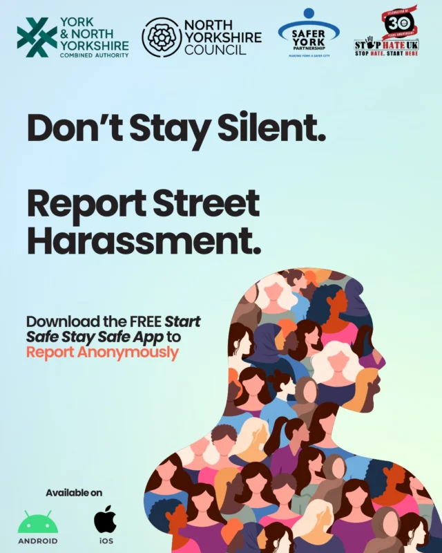 Street based harassment has no place in our region This Start Safe, Stay Safe app will help the police and other agencies get better evidence of incidents that take place, ultimately enabling them to do more to tackle violence against women and girls. The Mayor and I are determined to ensure everyone in our region feels safe. But we know that too often, for women and girls in particular, the streets, town and city centres don’t feel safe, and many incidents go unreported. Anyone who experiences street harassment in our region can now report it via the app which I hope will lead to more people reporting unacceptable behaviour. See comments for more information and how to download the app. @ynymayor @northyorkshirepolice @cityyorkcouncil @northyorksc @stop_hate_uk @leadersunlocked